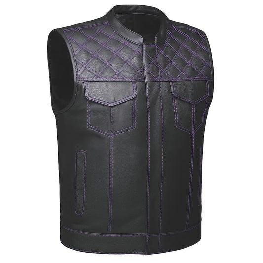 Men’s black leather club vest with striking purple diamond stitching, front snap buttons, and side lacing, premium design by Unik
