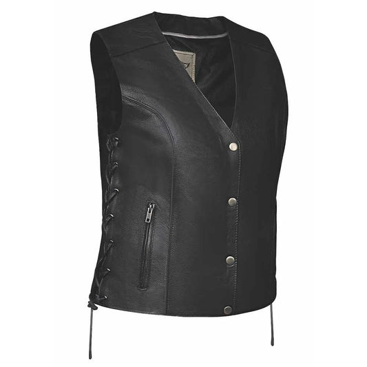 Unik Premium features cowhide leather construction, Reflective Tribal Wing stud & embroidery design on the back, Antique Silver hardware, side laces for fit, 2 exterior pockets, 2 interior concealed carry pockets, and is available in sizes XS to 5XL.