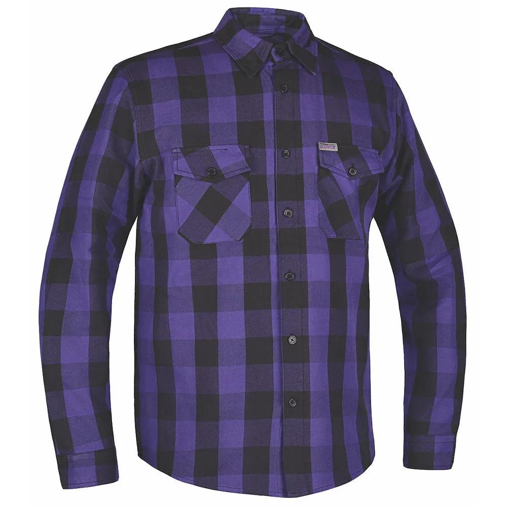 Crafted from high-quality cotton and designed in Pakistan, this shirt features a striking black and purple color scheme that complements its robust construction. Perfect for both casual wear and outdoor activities