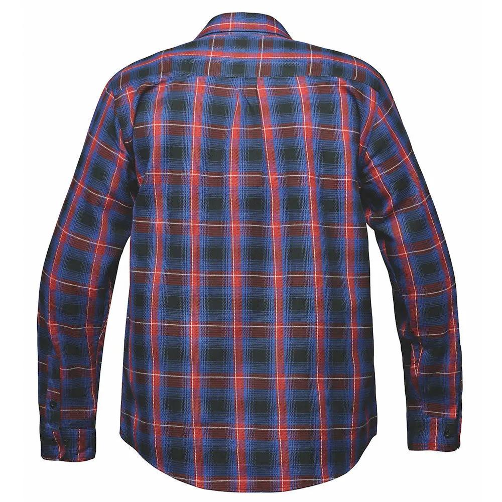 Crafted from high-quality cotton and designed in Pakistan, this shirt features a striking blue and red color scheme that complements its robust construction. Perfect for both casual wear and outdoor activities
