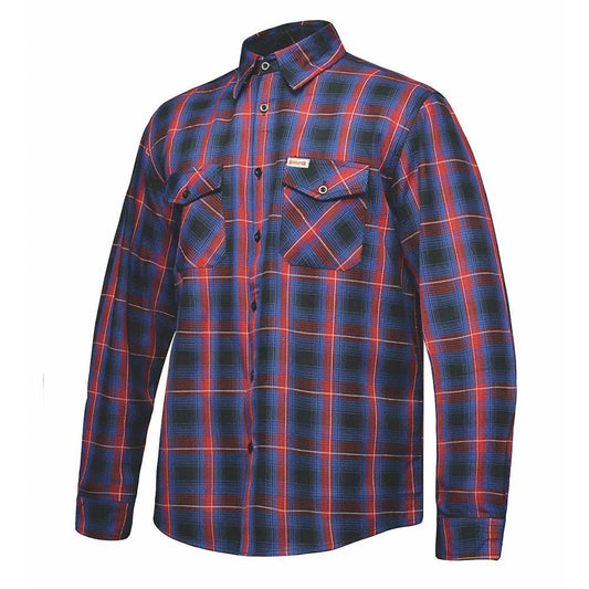 Crafted from high-quality cotton and designed in Pakistan, this shirt features a striking blue and red color scheme that complements its robust construction. Perfect for both casual wear and outdoor activities