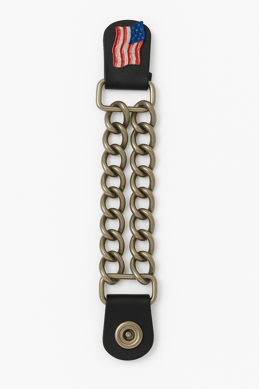 Leather vest extender with a chrome USA flag emblem and heavy-duty snap closures for a secure fit