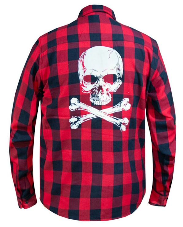 Mens Black and Red Flannel Shirt with Reflective Skull Design on Back