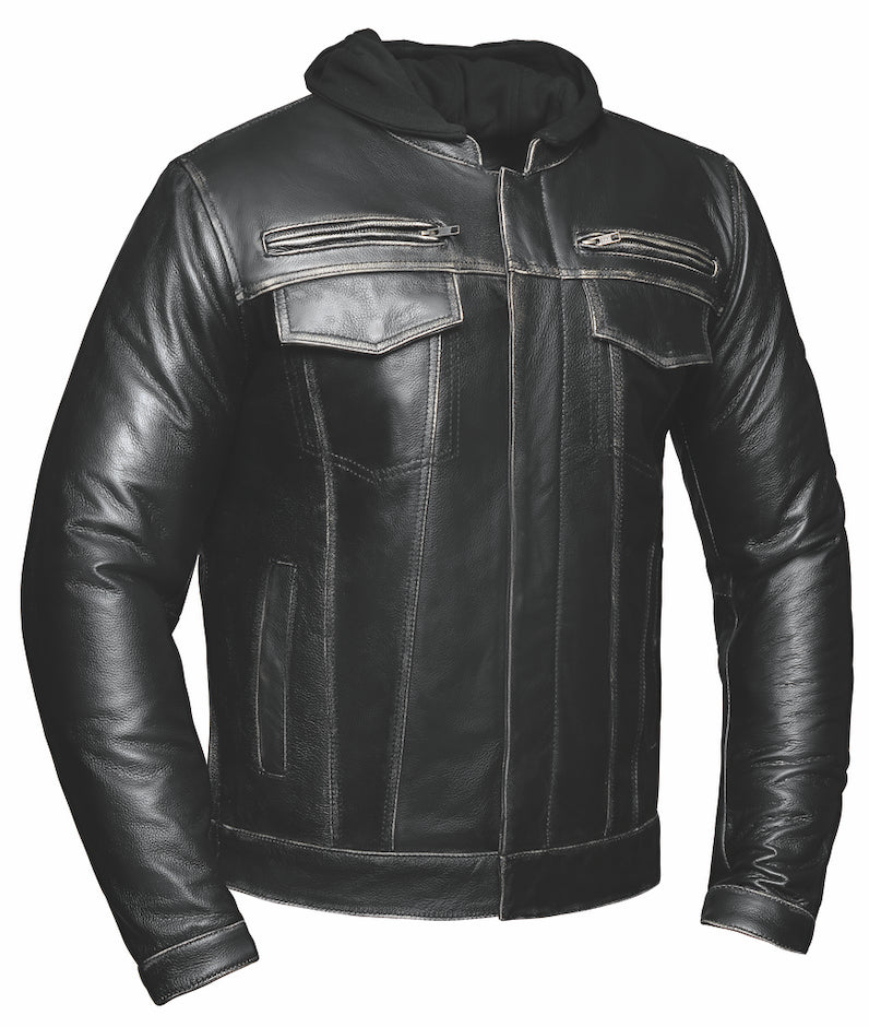 hooded black leather jacket with front zipper