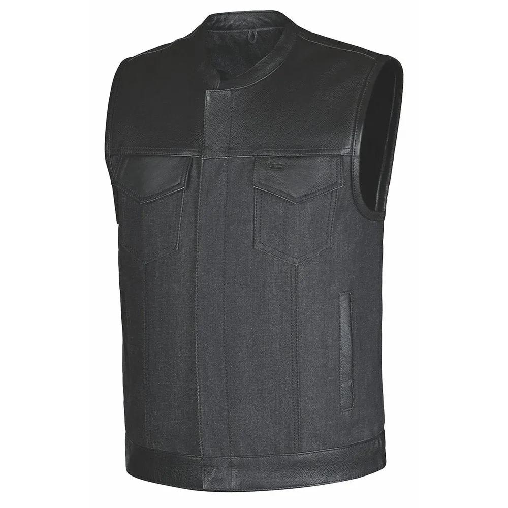 Black denim vest with leather sholders