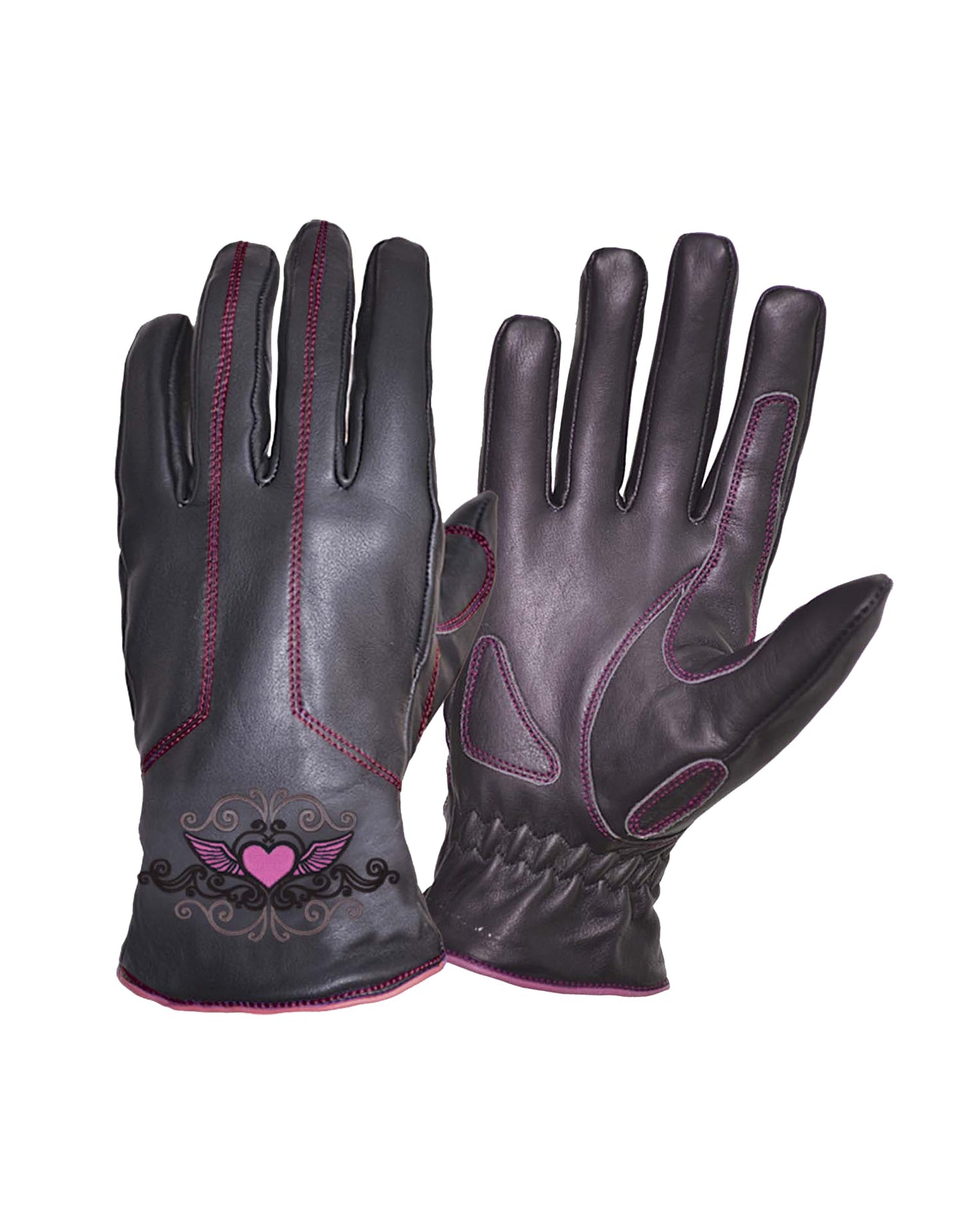 ladies black leather gloves with pink stitching