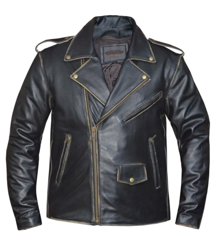 black leather jacket with cross zip design