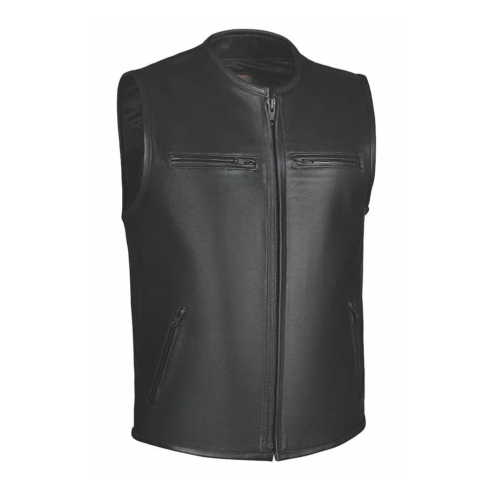 Made from cowhide leather, it features two outside chest pockets, two hand warmer pockets, two inside concealed carry pockets, a front zipper closure, black hardware, and a one-panel back, providing practicality and a timeless aesthetic.
