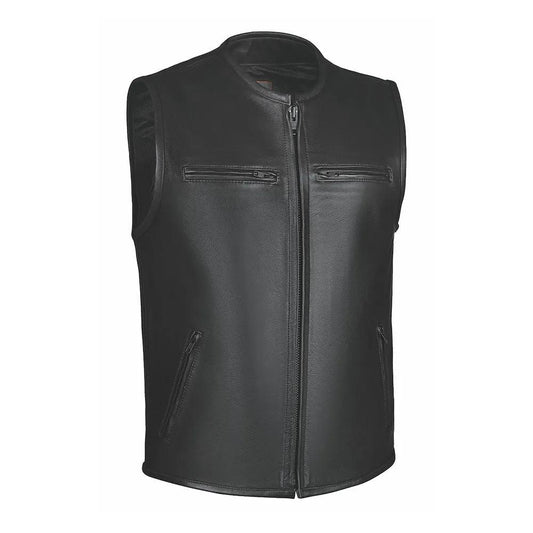 Made from cowhide leather, it features two outside chest pockets, two hand warmer pockets, two inside concealed carry pockets, a front zipper closure, black hardware, and a one-panel back, providing practicality and a timeless aesthetic.
