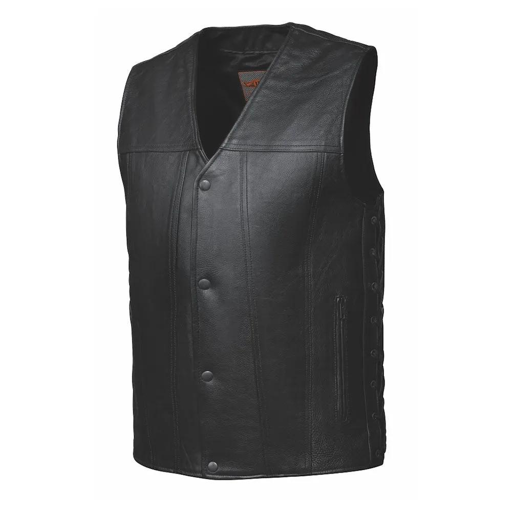 Crafted from cowhide leather and meticulously designed in Pakistan, this vest features a sleek black color that epitomizes contemporary style.