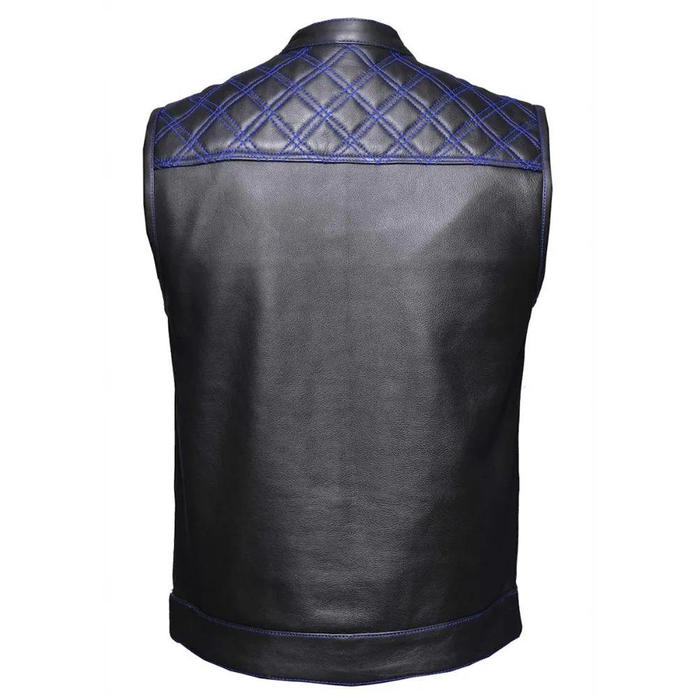 Black leather vest with blue stitching on shoulders