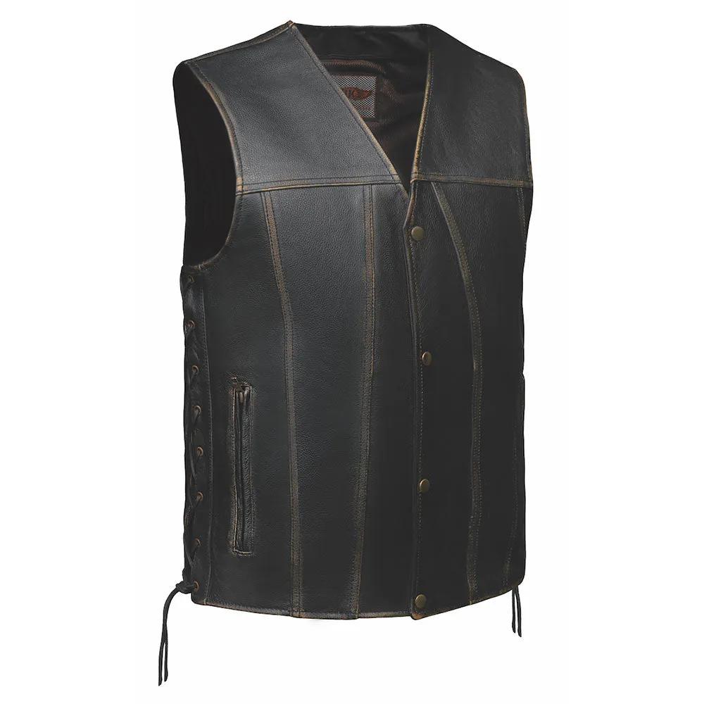 Crafted from cowhide leather and meticulously designed in Pakistan, this vest features a distinctive distressed brown color that exudes character and sophistication.