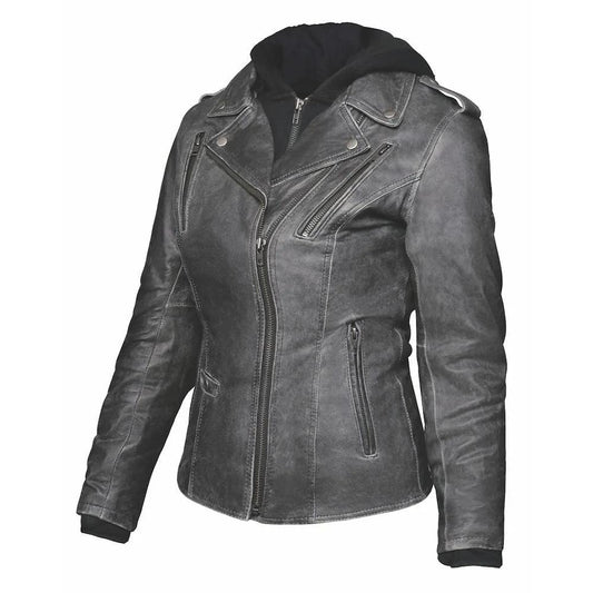 Leather jacket with hood and zipper pockets