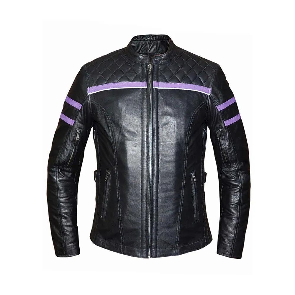 Crafted from cowhide leather in a striking black and purple color combination, this jacket combines bold design with practical features, making it a standout piece in any wardrobe