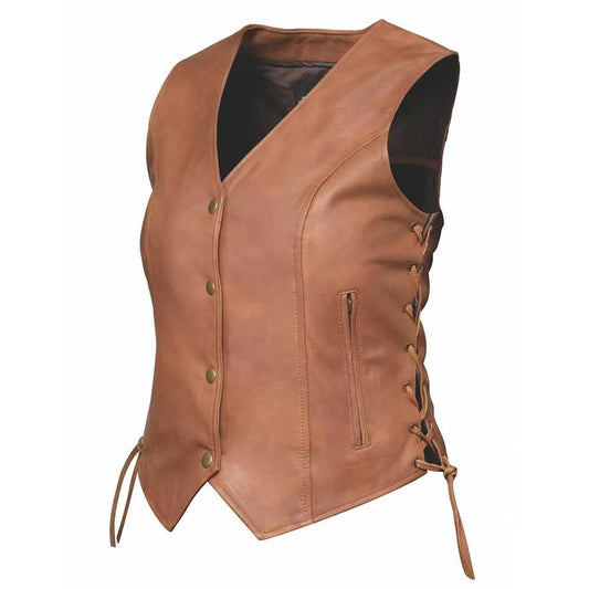 Style # 6897.ANT embodies timeless sophistication with a ladies' premium traditional vest crafted from luxurious lambskin leather.