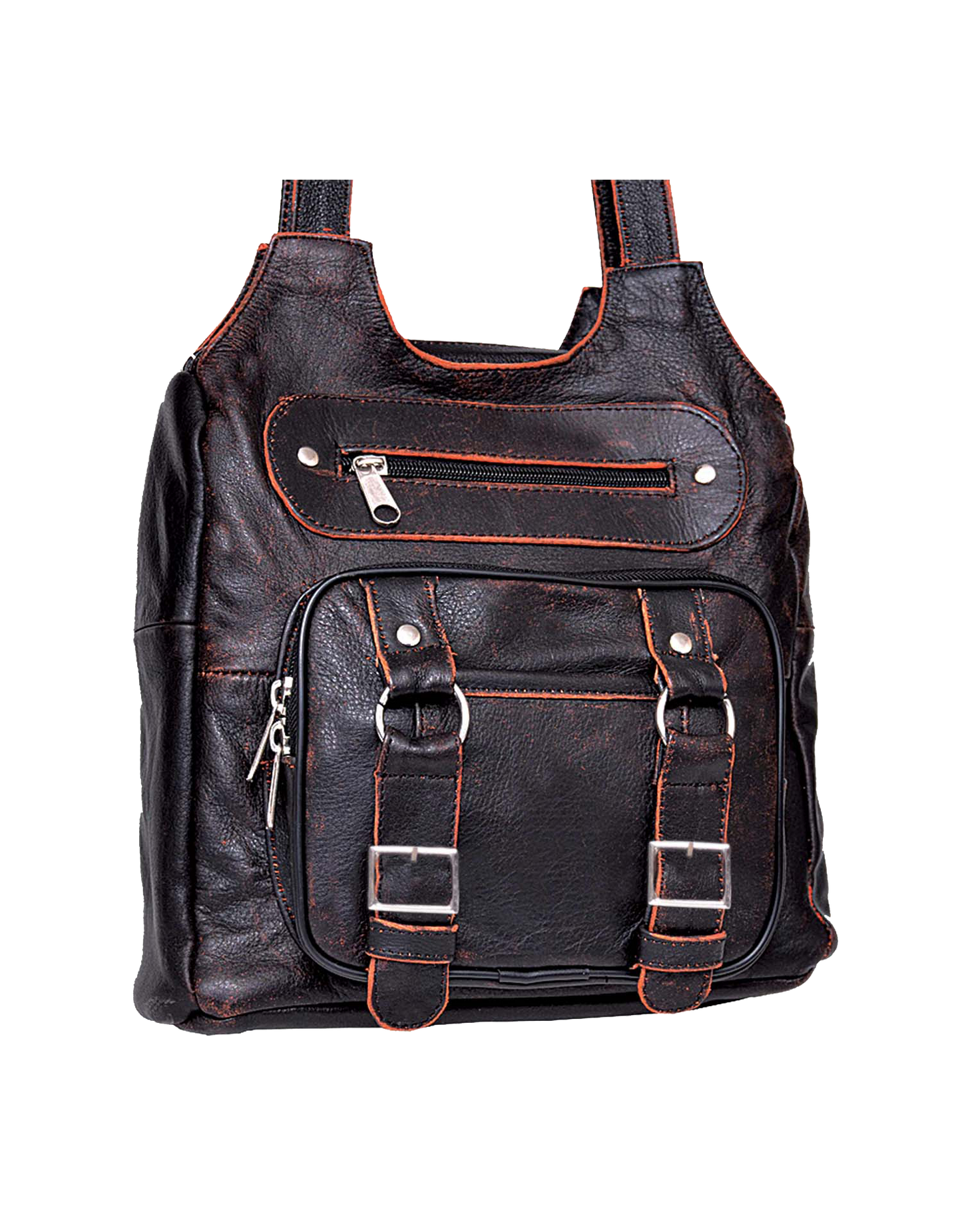 Black leather backpack with orange stitching