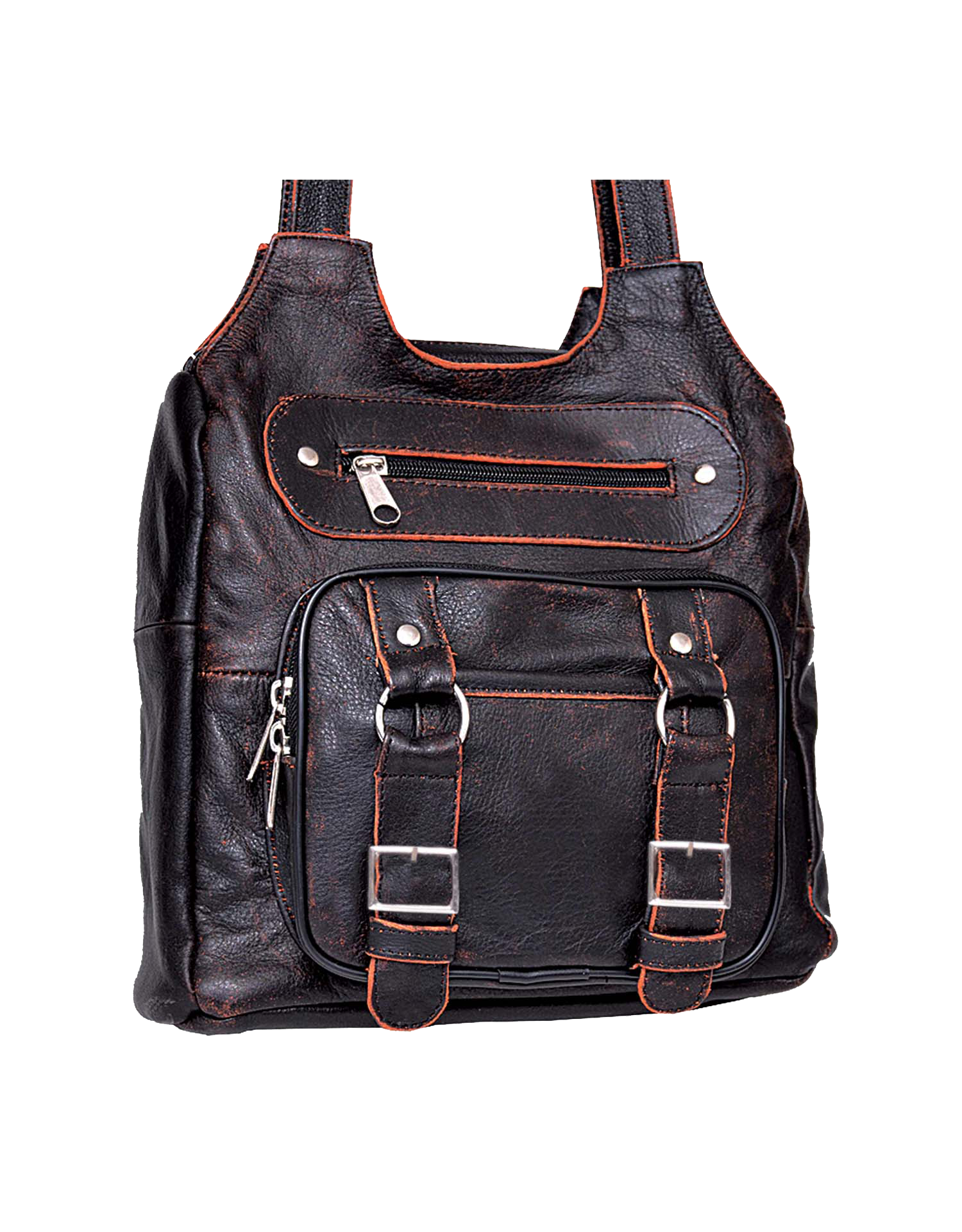 Black leather backpack with orange stitching
