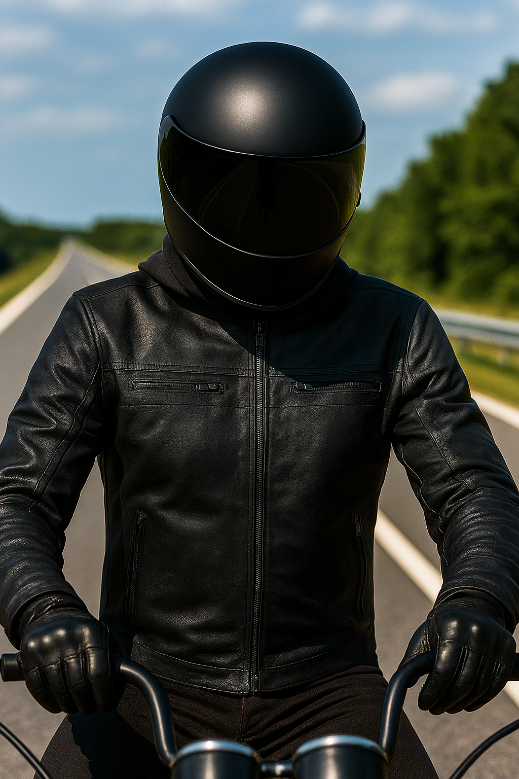 Leather jacket, gloves, and helmet for green road trip