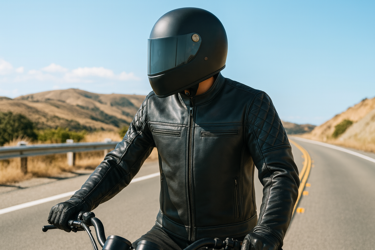 rider wearing black leather jacket and helmet