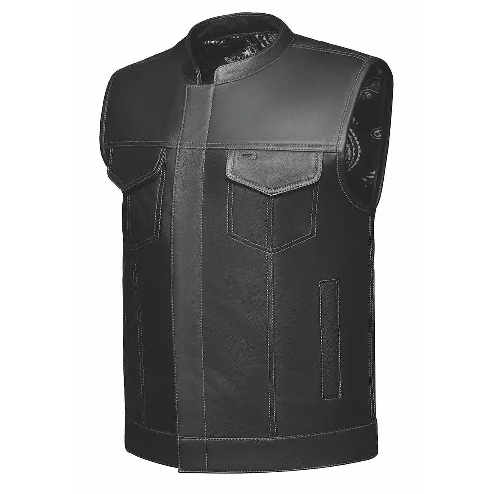 Made from cowhide leather with a black and white paisley lining, it includes four exterior pockets, two inside concealed carry pockets, a zip snap main closure, antique brass hardware, and a one-panel back, providing sophistication, versatility, and functionality for various settings.
