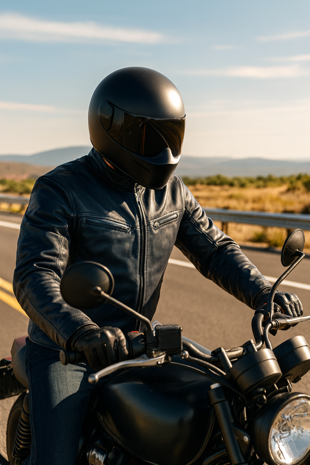 Rider in leather jacket on old motorcycle