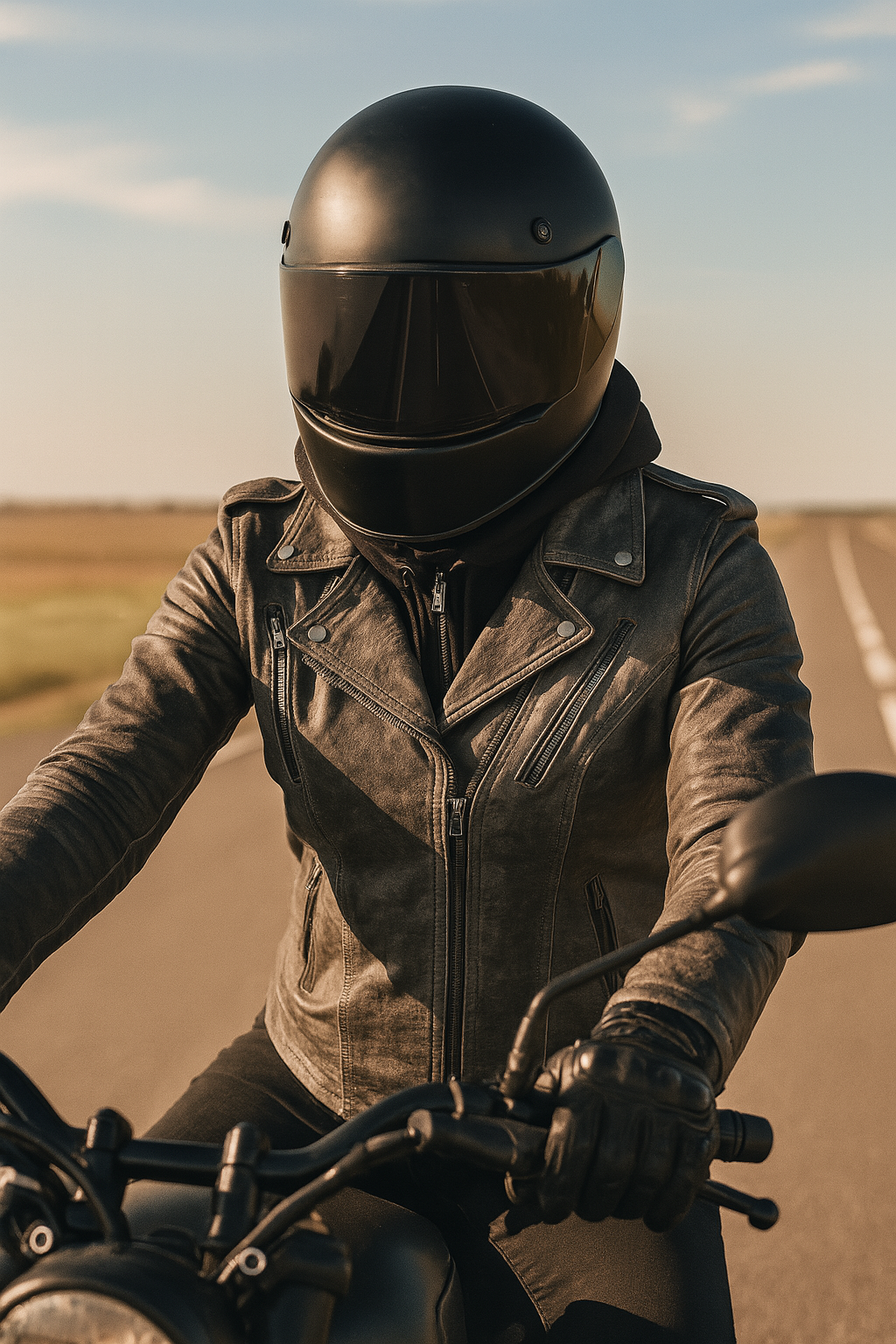 person with black helmet and leather jacket on a motorcycle
