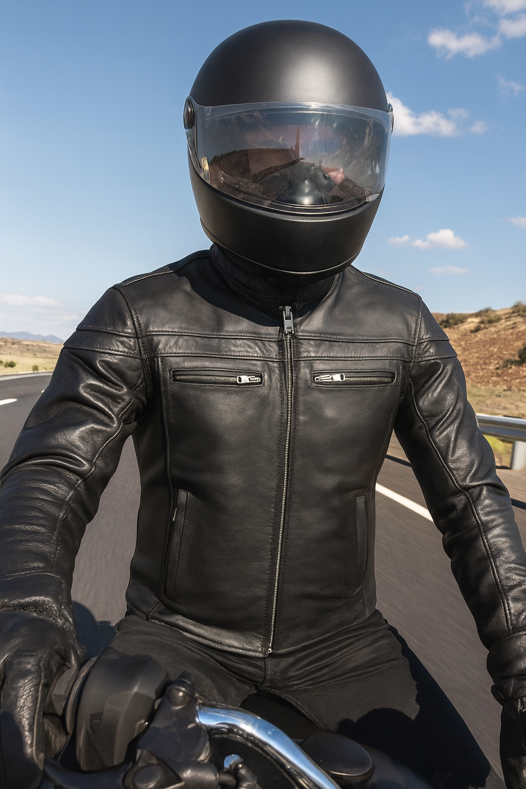 leather jacket and helmet for long trips