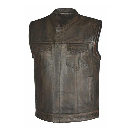 Crafted from buffalo leather, it features two outside chest pockets, two outside hand warmer pockets, two inside concealed carry pockets, antique brass hardware, a quick access gun pocket