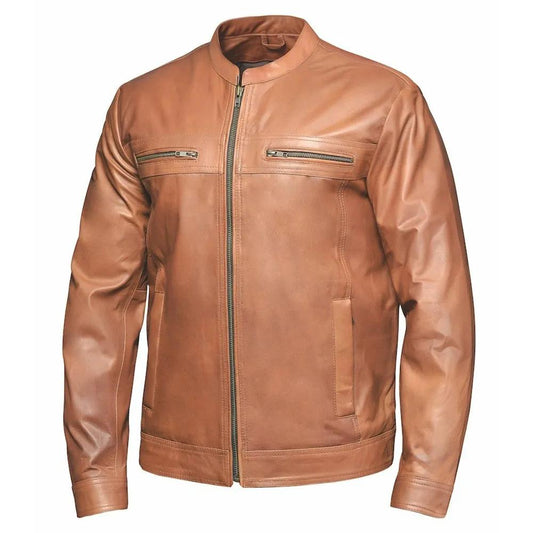 tan brown jacket in leather and zipper opening