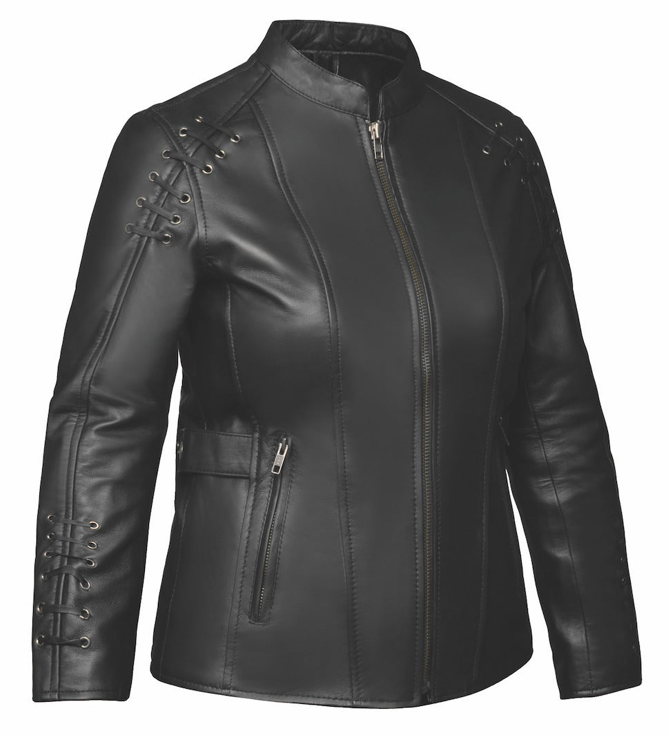 . Crafted from luxurious lambskin leather in classic black, this jacket combines modern design elements with timeless style, making it an essential piece for your wardrobe