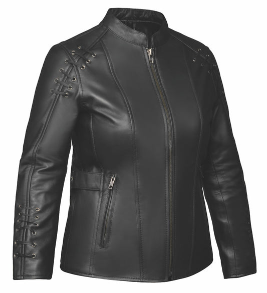. Crafted from luxurious lambskin leather in classic black, this jacket combines modern design elements with timeless style, making it an essential piece for your wardrobe