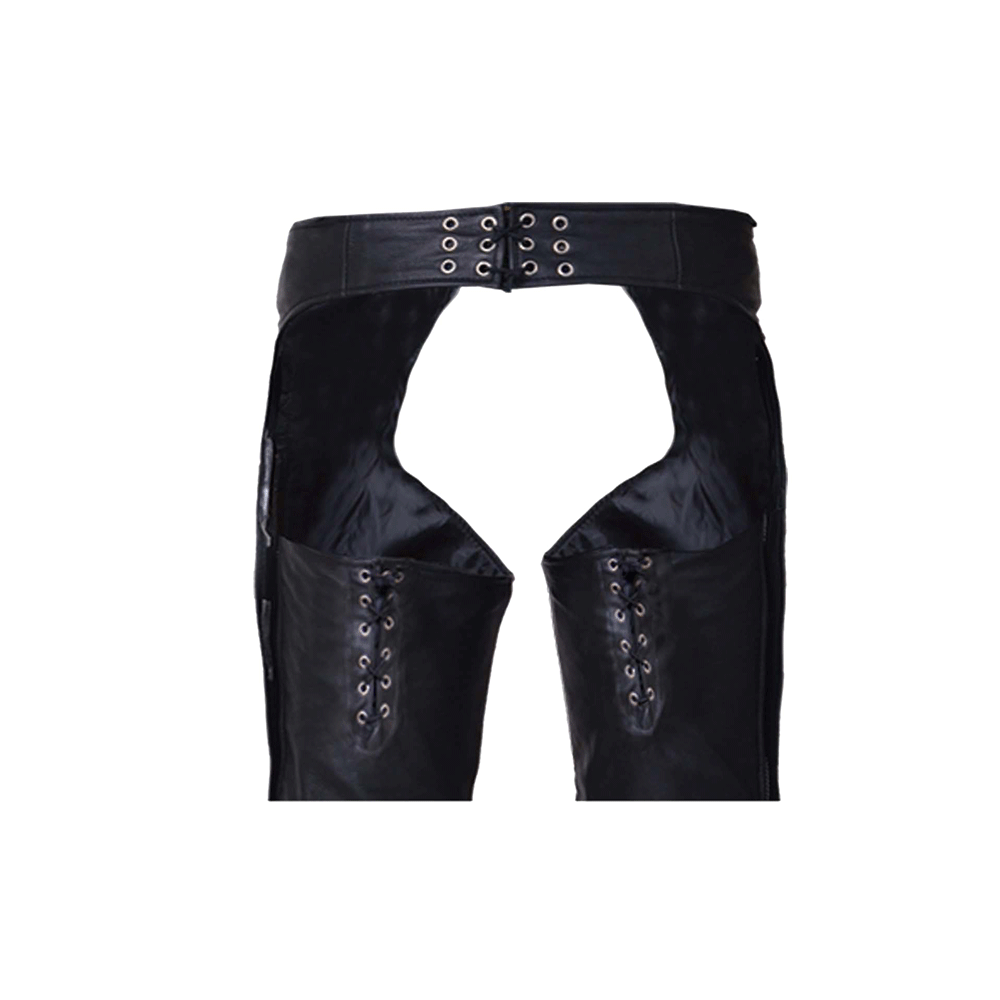Unik Premium leather chaps designed for durability and style. With reinforced stitching, silver hardware, and an adjustable fit, these chaps are ideal for bikers