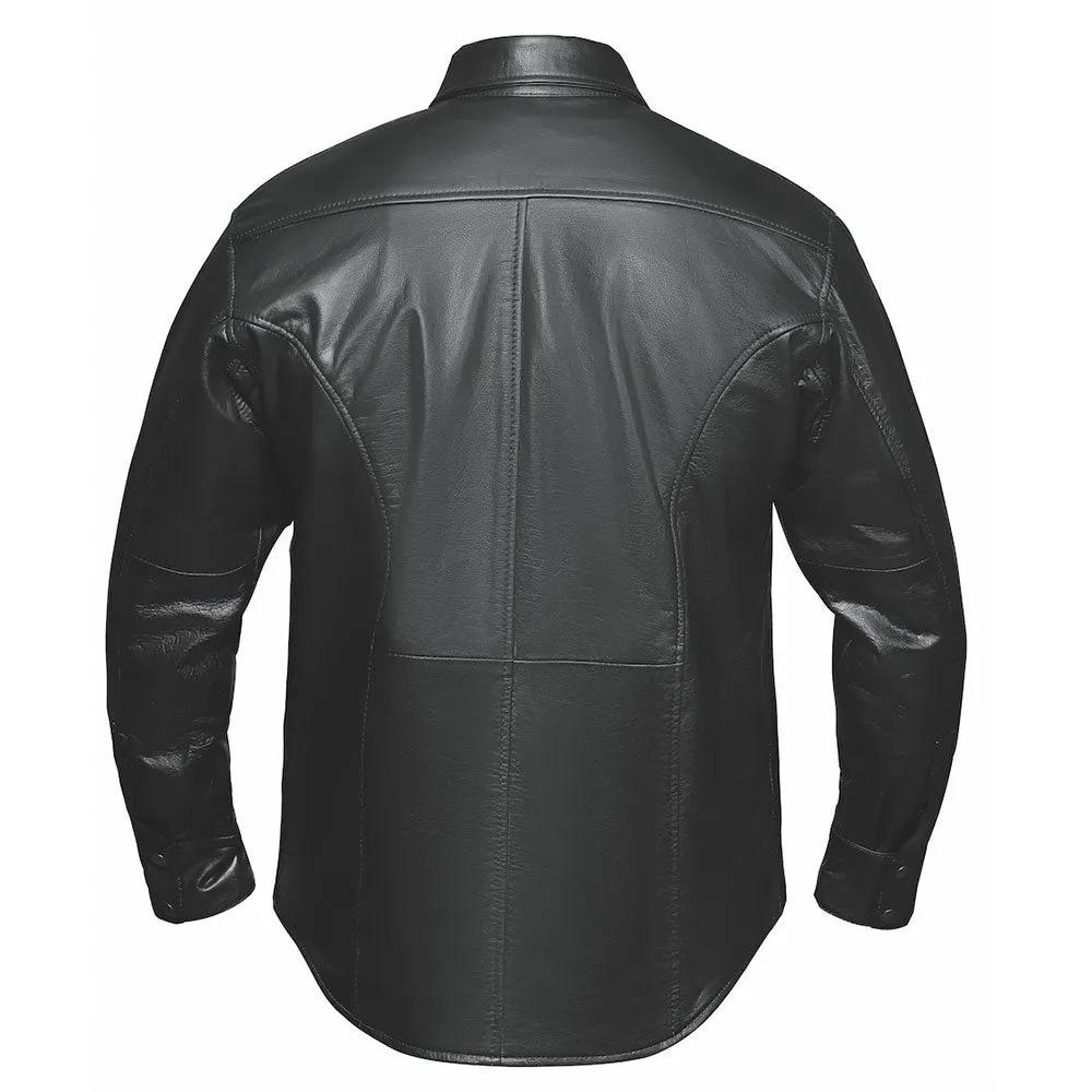 Crafted from goatskin leather in sleek black, this shirt combines the sophistication of a classic design with the practicality of modern features, making it a versatile addition to your wardrobe
