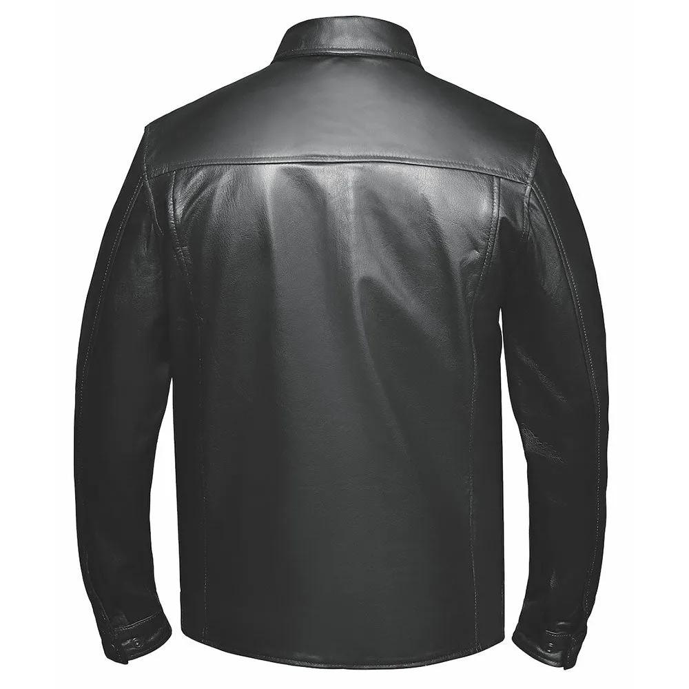  Men's Premium Lightweight Leather Shirt by Unik Lightweight Premium. Crafted from goatskin leather in a sleek black hue, this shirt combines modern design with functional elements, ideal for both casual and semi-formal occasions