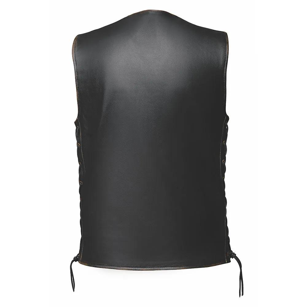  Crafted from cowhide leather and meticulously designed in Pakistan, this vest features a distinctive distressed brown color that exudes character and sophistication. 