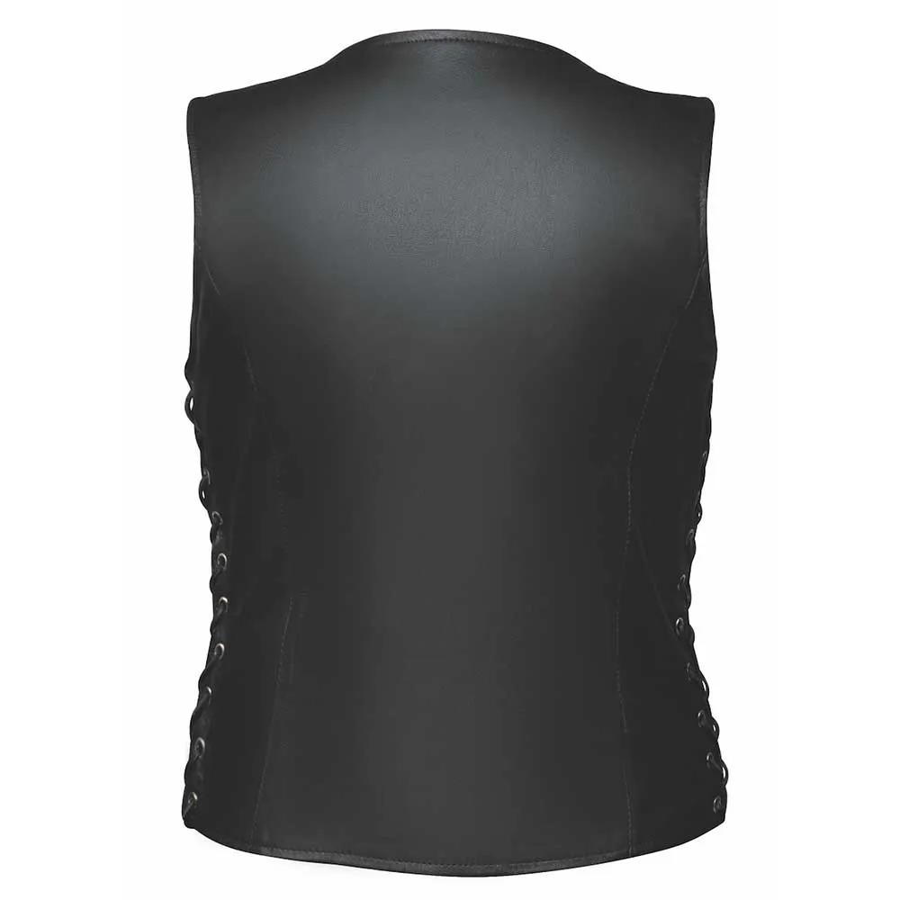 The Ladies PREMIUM vest in soft lightweight leather by Unik Lightweight Premium combines soft cowhide leather construction, two exterior zippered pockets, two interior concealed carry pockets, a great flattering fit, side laces for adjustment, silver hardware, and a zip and snap front main closure