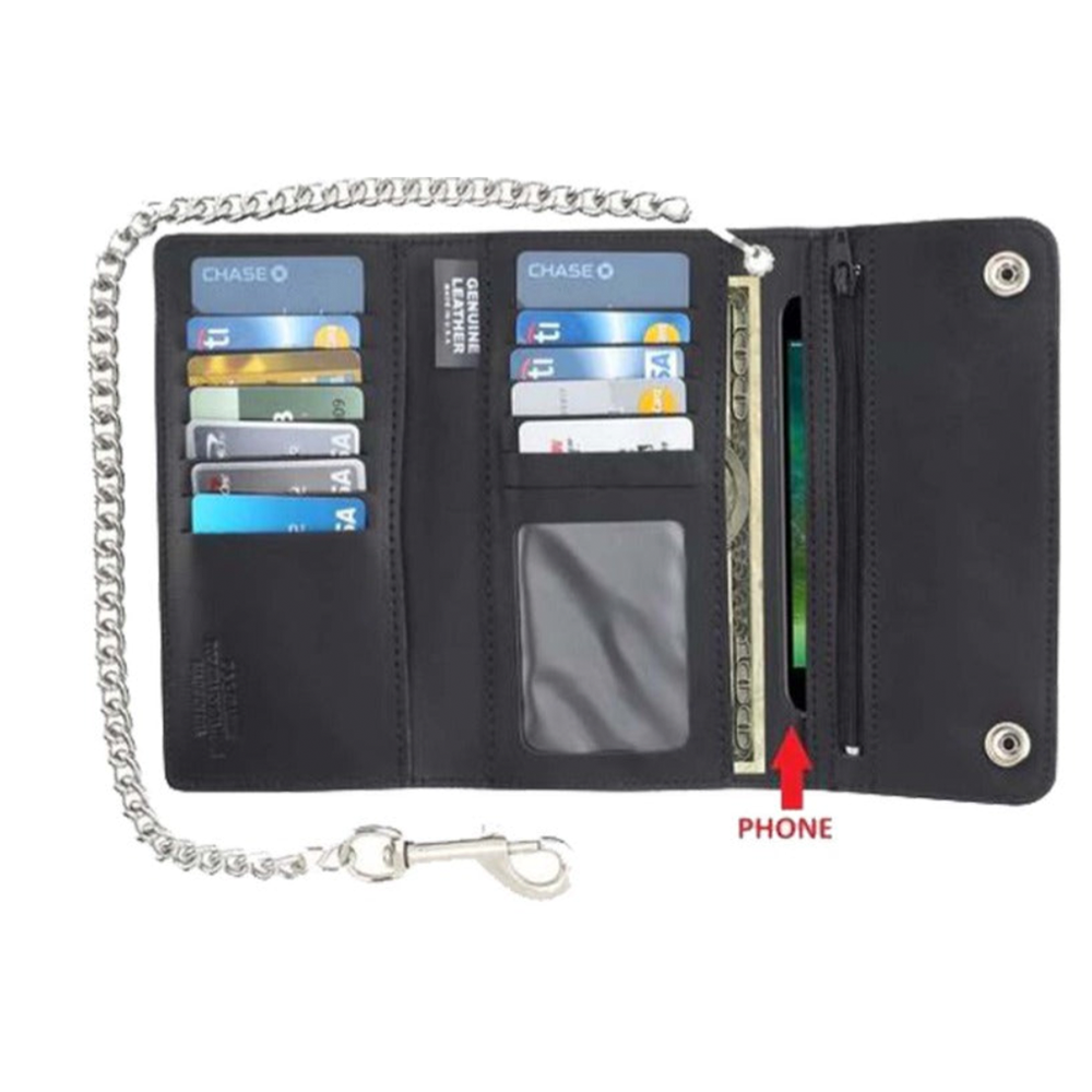 Crafted from premium leather, these wallets feature a chain attachment that adds a bold statement while securing your essentials.