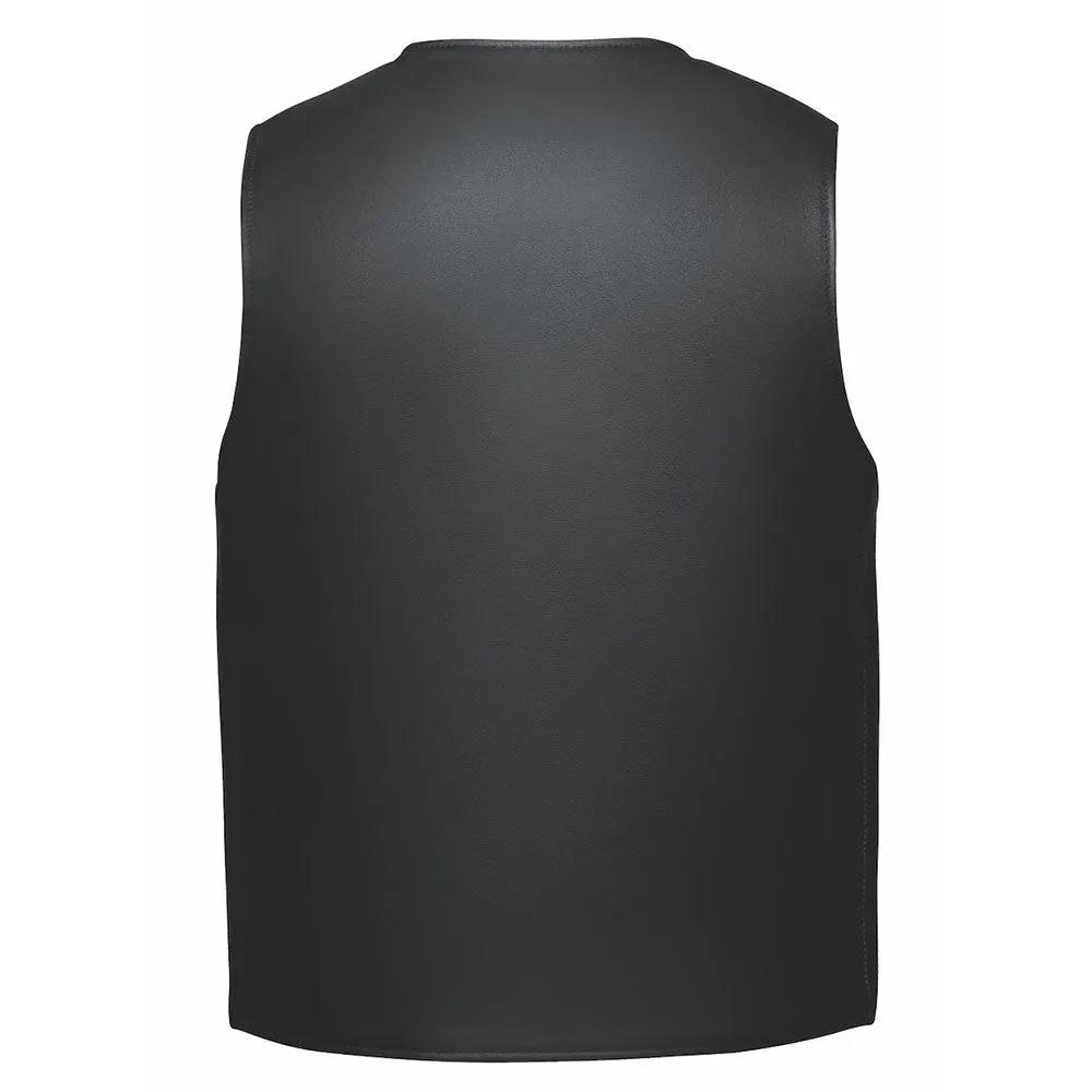 The Men's Premium Traditional Snap Front Vest by Unik Leather Apparel offers a blend of classic design and practical features. Made from cowhide leather, it includes two exterior pockets, two interior concealed carry pockets
