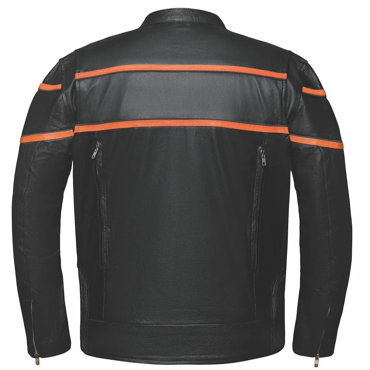 Crafted from luxurious cowhide leather and featuring a distinctive black and orange color scheme, this jacket blends classic design with modern functionality.