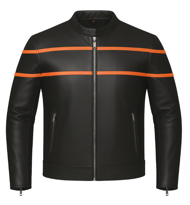 Crafted from luxurious cowhide leather and featuring a distinctive black and orange color scheme, this jacket blends classic design with modern functionality.