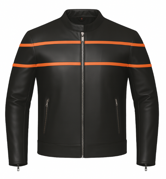 Crafted from luxurious cowhide leather and featuring a distinctive black and orange color scheme, this jacket blends classic design with modern functionality.