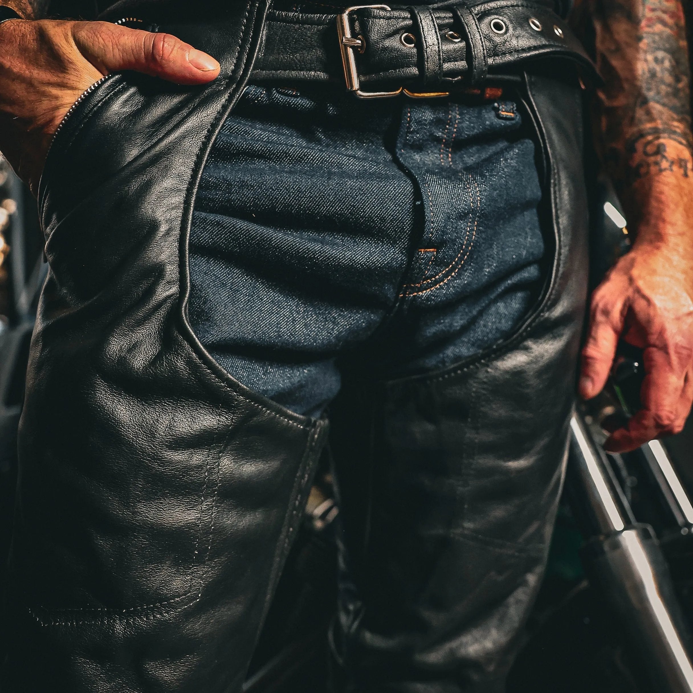 Unik Premium leather chaps designed for durability and style. With reinforced stitching, silver hardware, and an adjustable fit, these chaps are ideal for bikers