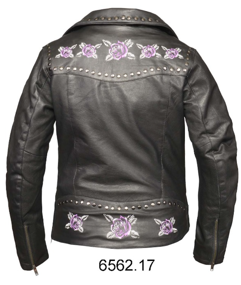 Black leather jacket with purple floral embroidery on a white background