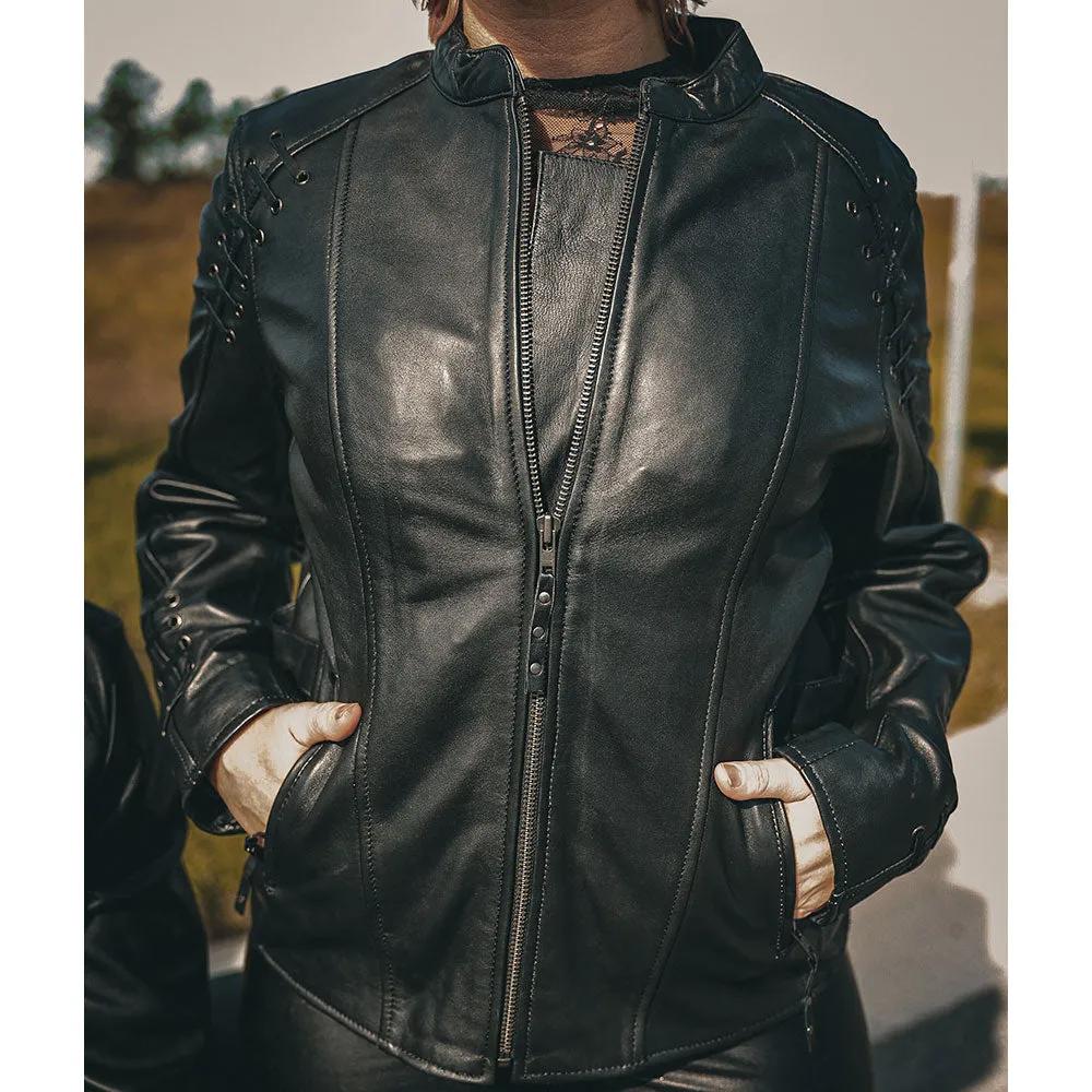 Crafted from luxurious lambskin leather in classic black, this jacket combines sophisticated design with practical features, making it an essential addition to your wardrobe