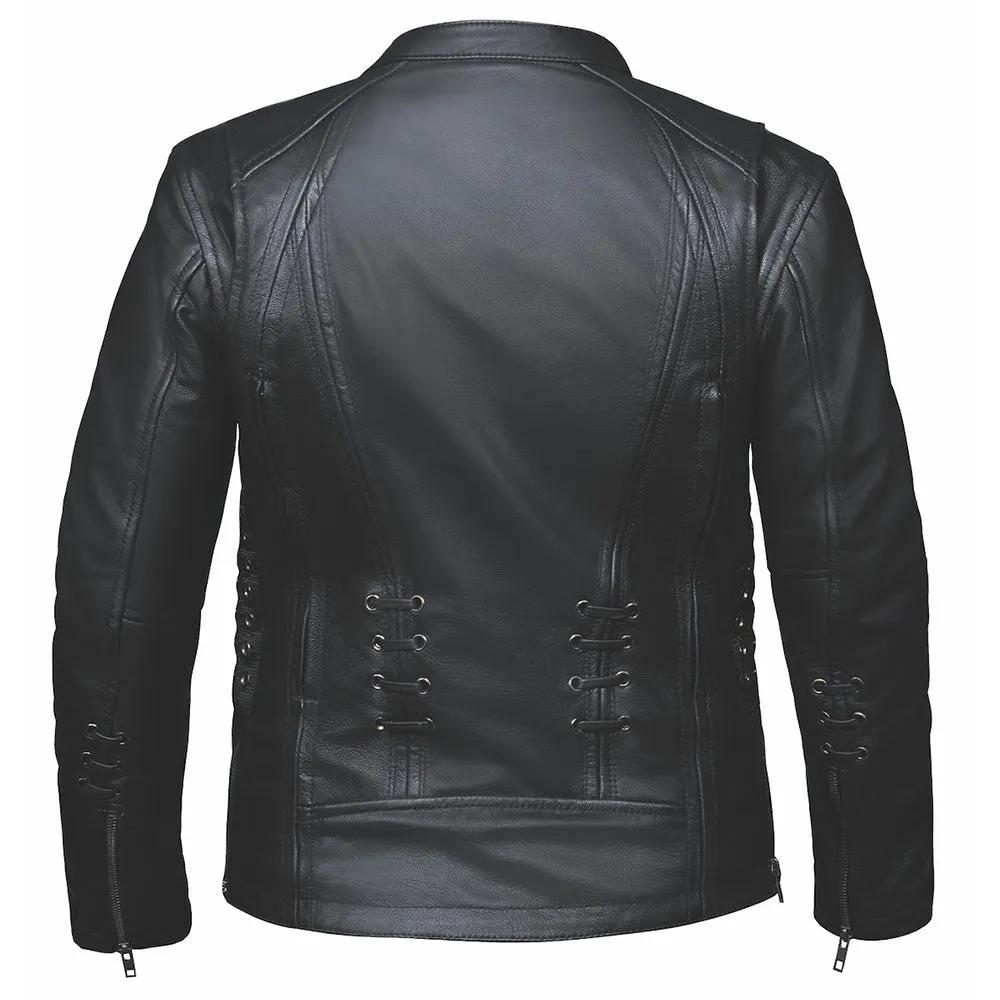 Crafted from luxurious lambskin leather in classic black, this jacket combines sophisticated design with practical features, making it an essential addition to your wardrobe