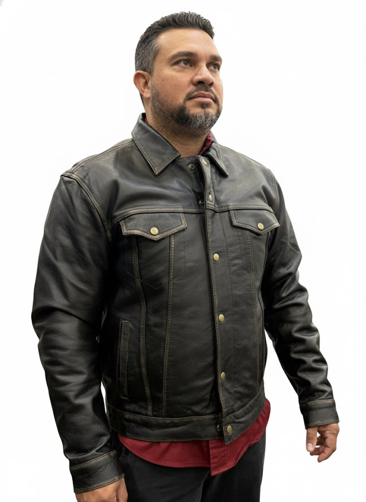 Man wearing a brown leather jacket on a white background