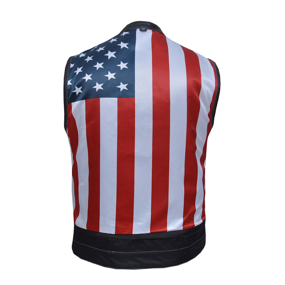  Made from cowhide leather with a Texas flag liner, it includes four exterior pockets, two inside concealed carry pockets, a zip snap main closure, antique brass hardware, and a one-panel back
