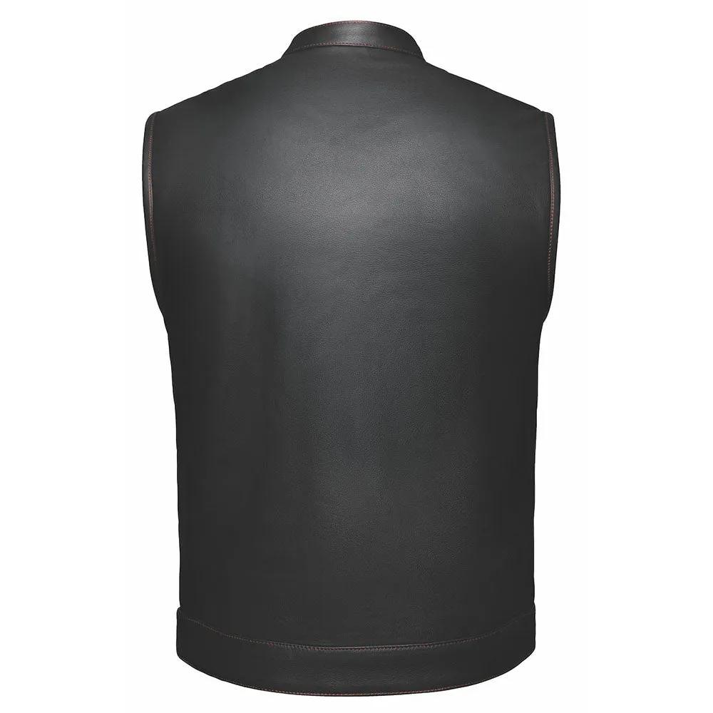  Made from cowhide leather with a red and gold paisley lining, it includes four exterior pockets, two inside concealed carry pockets, a zip snap main closure, antique brass hardware, and a one-panel back, providing versatility and functionality for various settings.