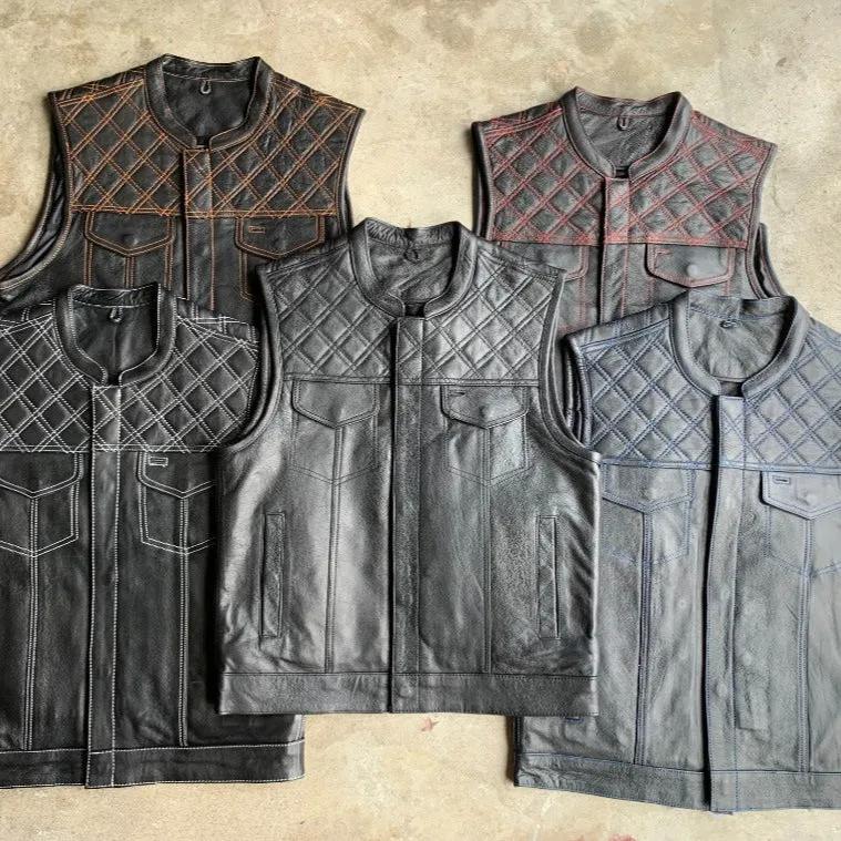 White Diamond Men's Club Style Cowhide Leather Motorcycle Vest