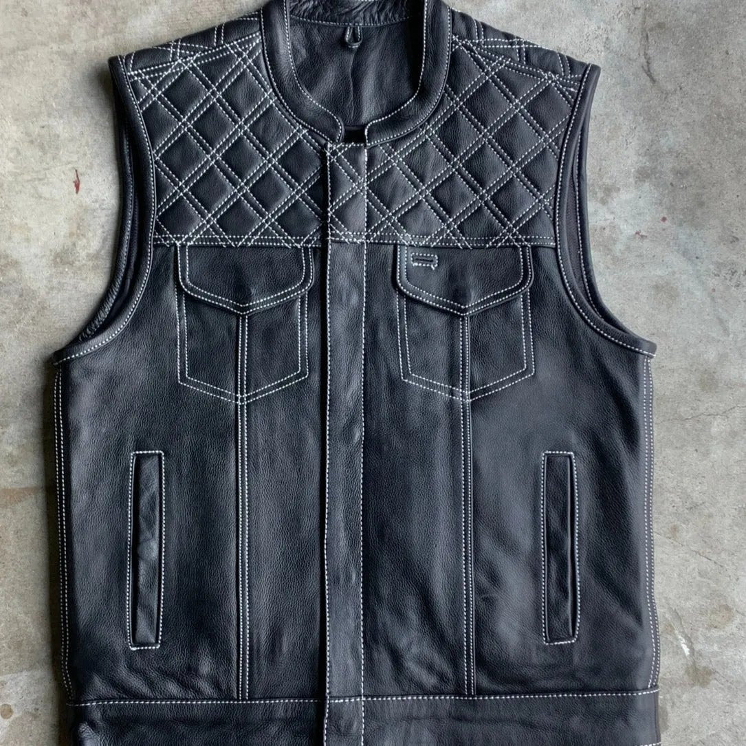 White Diamond Mens Premium Leather Diamond Stitch Club Vest